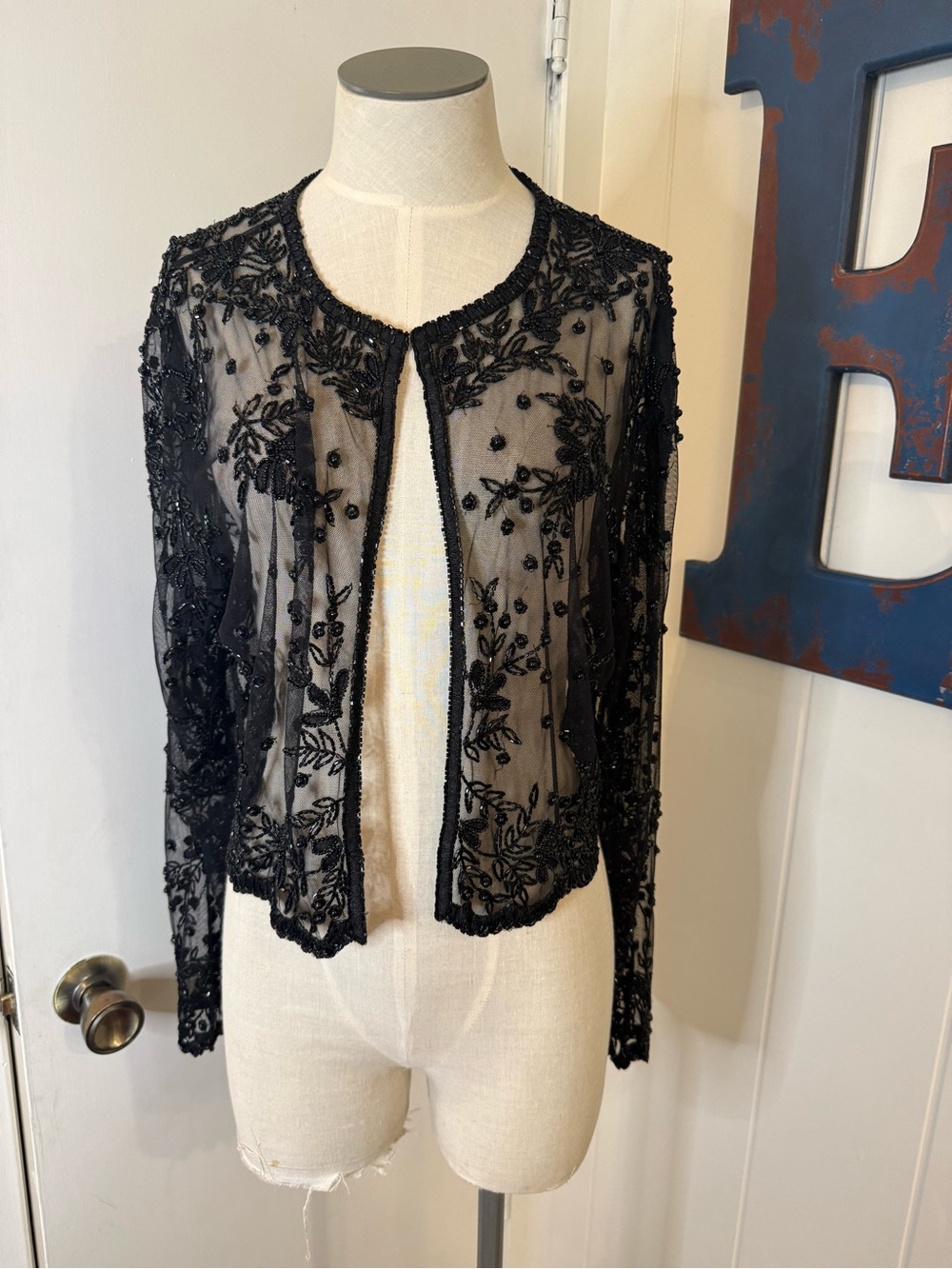 Laurence Kazar Black Sheer Beaded Embroidered Bolero Jacket Sz XL